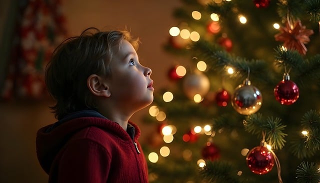 Poika katsoo joulukuusta