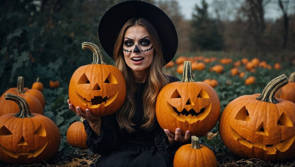 Nainen ja kurpitsat halloweenina